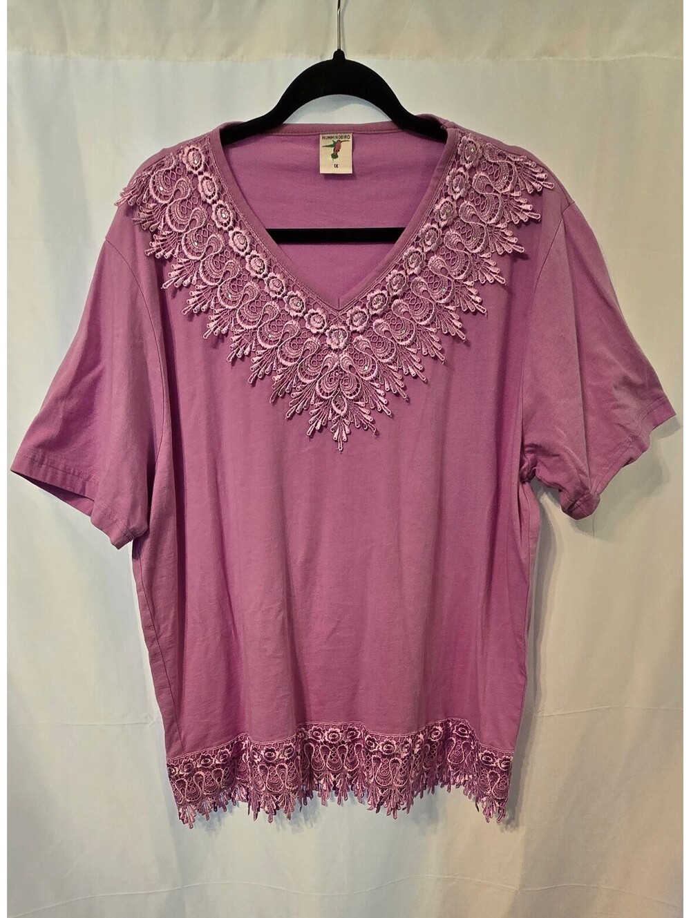 Hummingbird 1X Purple Lace Rhinestone V-Neck Top Boho Romantic